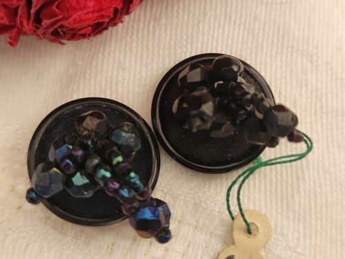 Duo boutons passementerie bleu noir pendants perlé 1,7 cm G2F - Picture 3 of 5