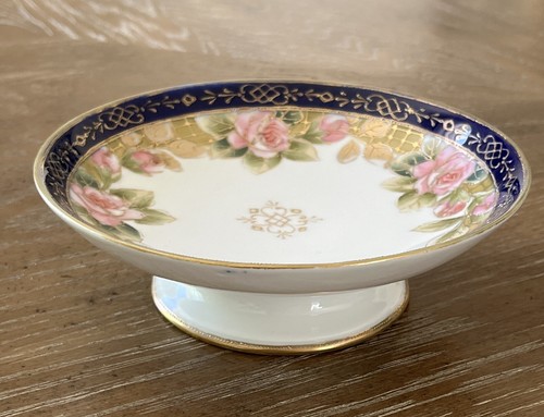 VTG Nippon Hand Painted Moriage Rose Design Small Compote Candy Dish Leaf Mark - Picture 5 of 15