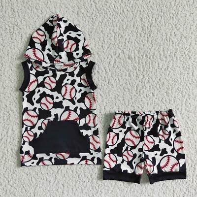 Summer Kids Boys Hoodie Top+Shorts Set Baseball Cow Print Outfit