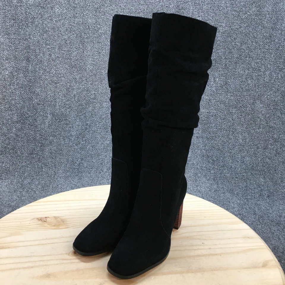 Espléndidas botas para mujer 6,5 M de alto hasta la rodilla holgadas tacones de equitación gamuza negra Foto 3 de 4