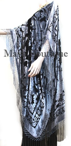Silver Gray Caftan Duster Fringe Jacket Kimono Burnout Velvet Maya Matazaro - Picture 9 of 11
