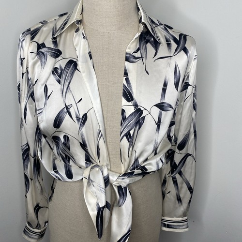 STARINGTON For Neiman Marcus Women's Silk Blouse Top Ivory Black Leaf Sz 4 Shirt - Picture 8 of 10