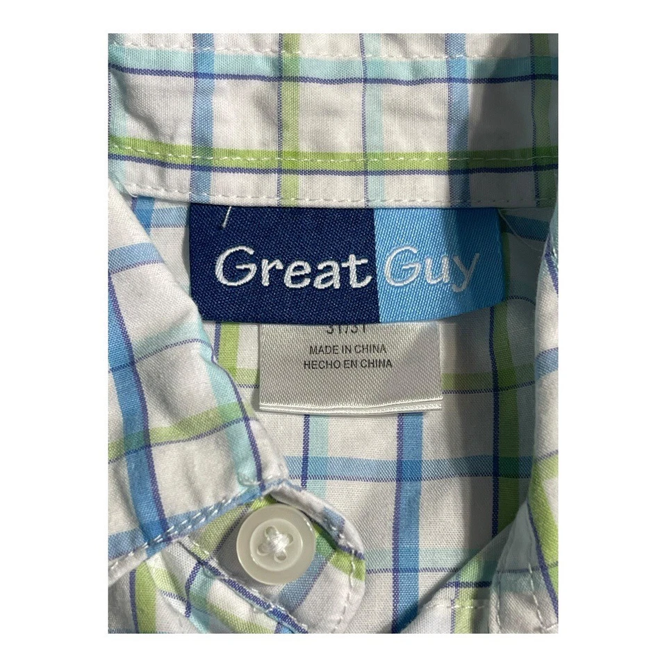 Camisa de vestir blanca a cuadros para niños pequeños con iglesia con botones azul y verde talla 3T Foto 3 de 4