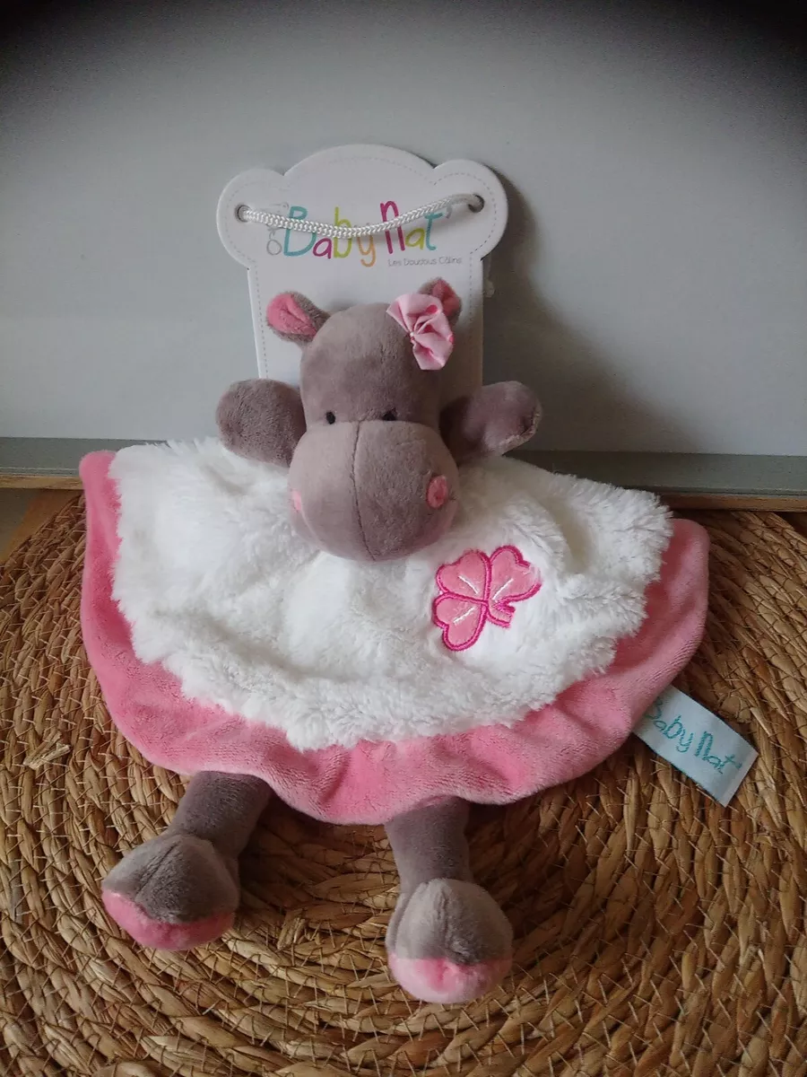 Baby'nat doudou plat demi lune hippopotame Zoé blanc rose trèfle Neuf +  cadeau