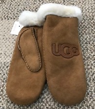 UGG Womens Sheepskin Heritage Logo Winter Mittens Chestnut Size L XL Fully Lined