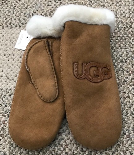 UGG Womens Sheepskin Heritage Logo Winter Mittens Chestnut Size L XL Fully Lined