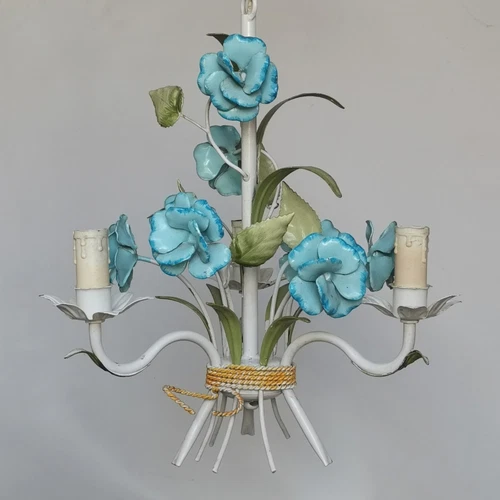 VINTAGE ITALIAN FLORENTINE TOLEWARE CHANDELIER CEILING LIGHT 3 ARMS BLUE FLOWERS