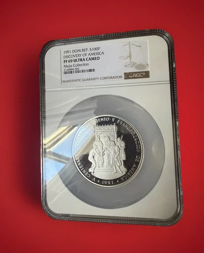 1991 DOMINICAN REPUBLIC 100 PESOS SILVER. NGC PF 69 UC. DISCOVERY OF AM. 5 OZ S.