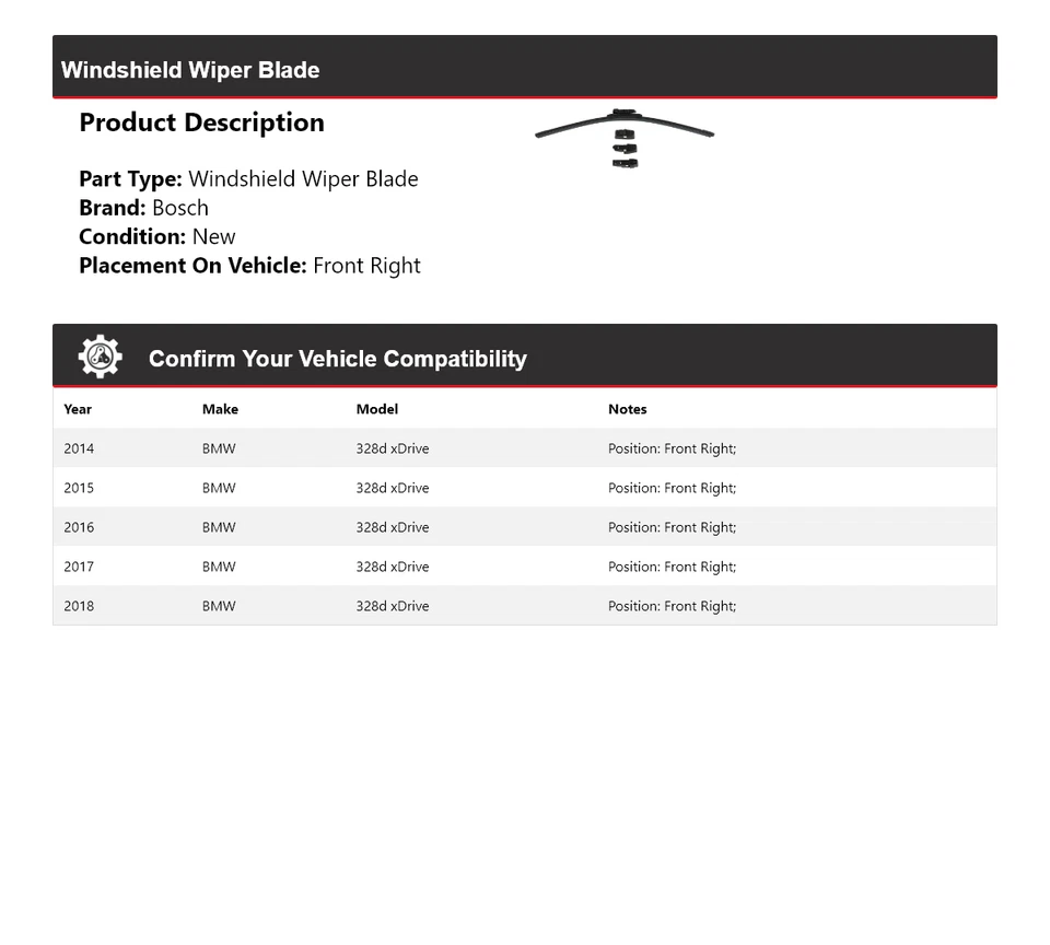 For 2014-2018 BMW 328d xDrive Bosch ICON Windshield Wiper Blade Front Right 2015 - Imagem 2 de 3