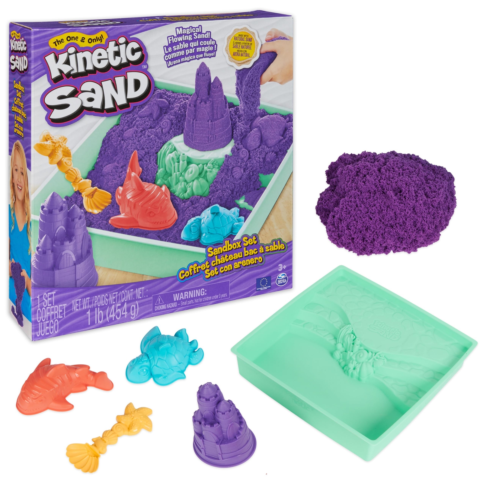 , Sandbox Set with 1lb Purple Play Sand, 4 Tools & Molds, Storage, Sensory To...