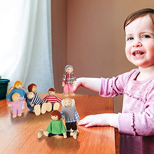 Casa de muñecas de madera personas de 8 figuras, conjunto familiar de muñecas para niñas niños pequeños - Imagen 3 de 7