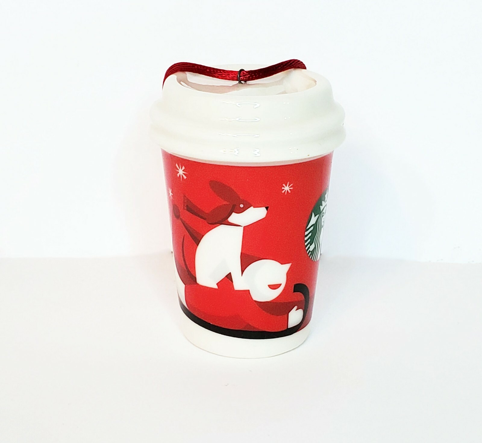 Starbucks  Holiday Ceramic Christmas Tree Ornament 2011 Boy and Dog with Sled