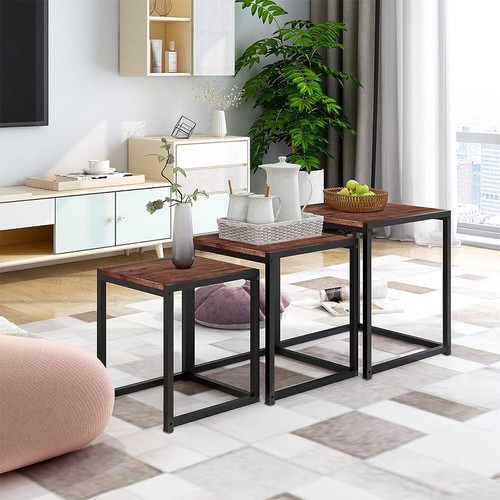 3x Wood Grain Living Bedroom Coffee Nested Table Contemporary Square Metal Legs - Picture 4 of 12