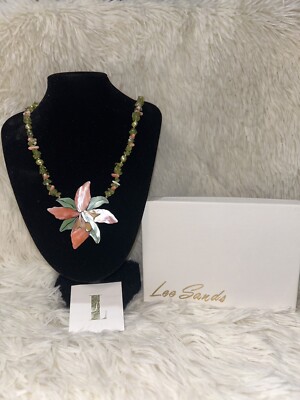 LEE SANDS Peridot & Coral Bead & Dyed Mother Of Pearl Hibiscus Flower Necklace