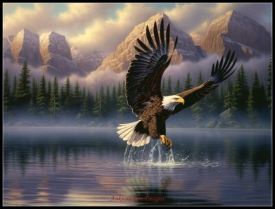 Eagle Skimming Water 2 - Counted Cross Stitch Patterns - Color & BW Symbols