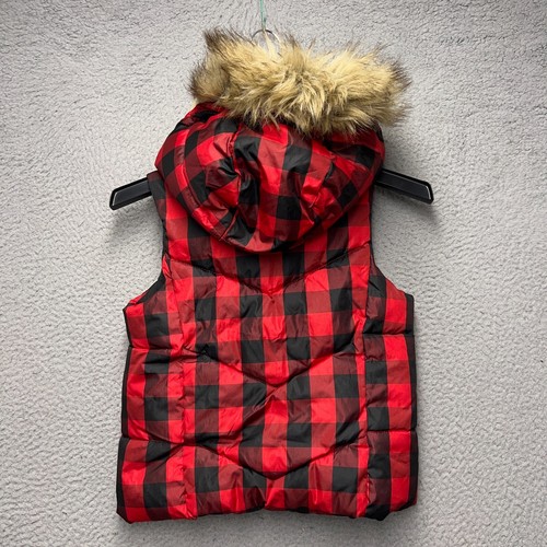 Gap Kids Down Vest Jacket Girls Medium Red Black Plaid Full Zip Faux Fur Trim - Picture 7 of 11