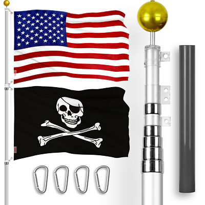 20 Ft Telescoping Flagpole Silver & USA and Pirate Bones Flags Emb 300D 3x5Ft