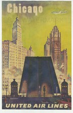 Vintage United Airlines Chicago Travel Advertising Poster Joseph Feher 11" X 17"