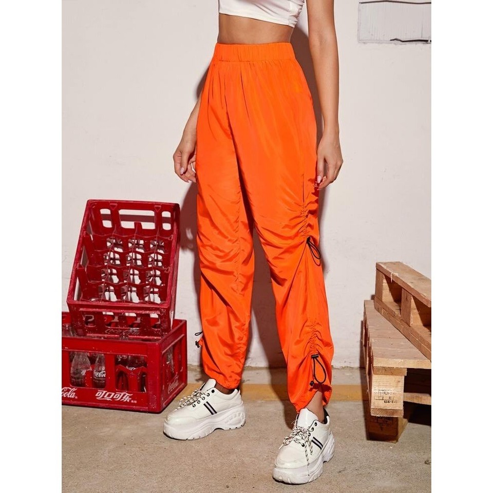 Neon Orange Parachute Windbreaker Pants Ruched Bungee Joggers Street Style Punk