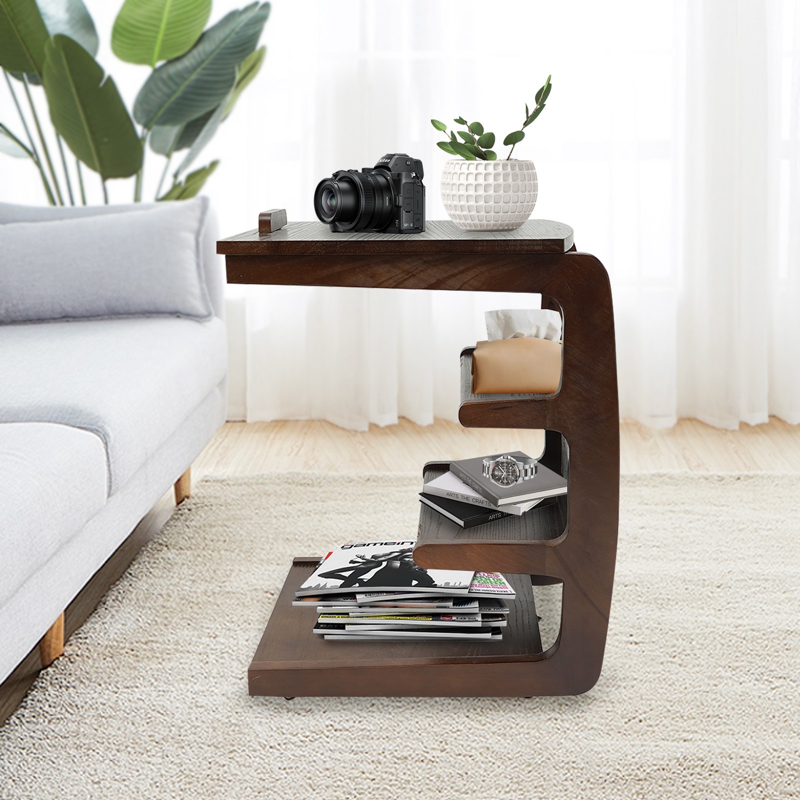 4 Tiers Wooden C-Shaped End Table With 4 Wheels Couch Side Movable workstation