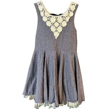 Knitworks Girls Blue Cotton Chambray Dress Lace Back Tulle Hem Size 16