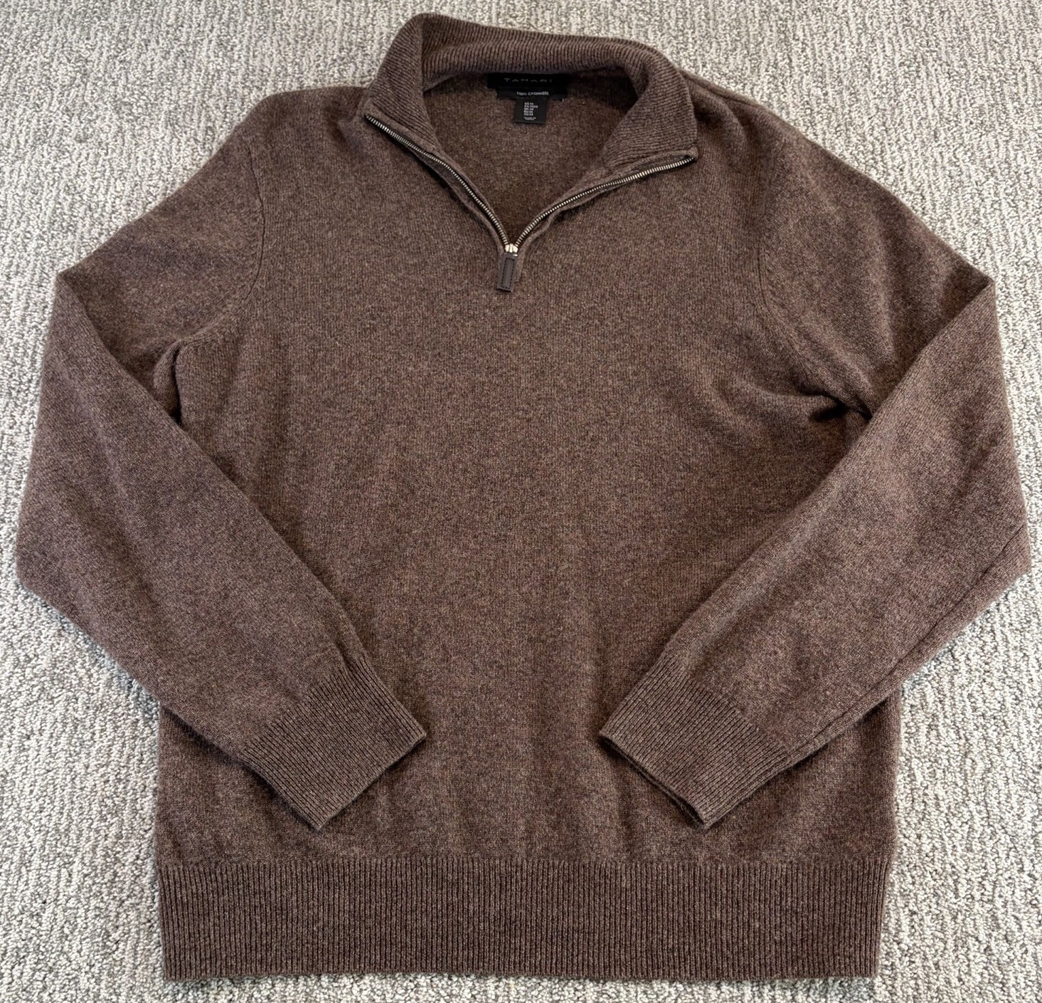 Tahari Men's 100% Cashmere Speckled Brown Mock Neck 1/4 Zip Sweater Medium