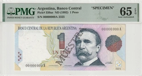 i-002185 "Argentina 1 Peso 1992. Specimen. PMG 65 EPQ. Almost TOP POP !