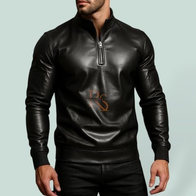 Men s Genuine Lambskin Leather Shirt Black Slim Fit Zip Neck Luxury Soft Top