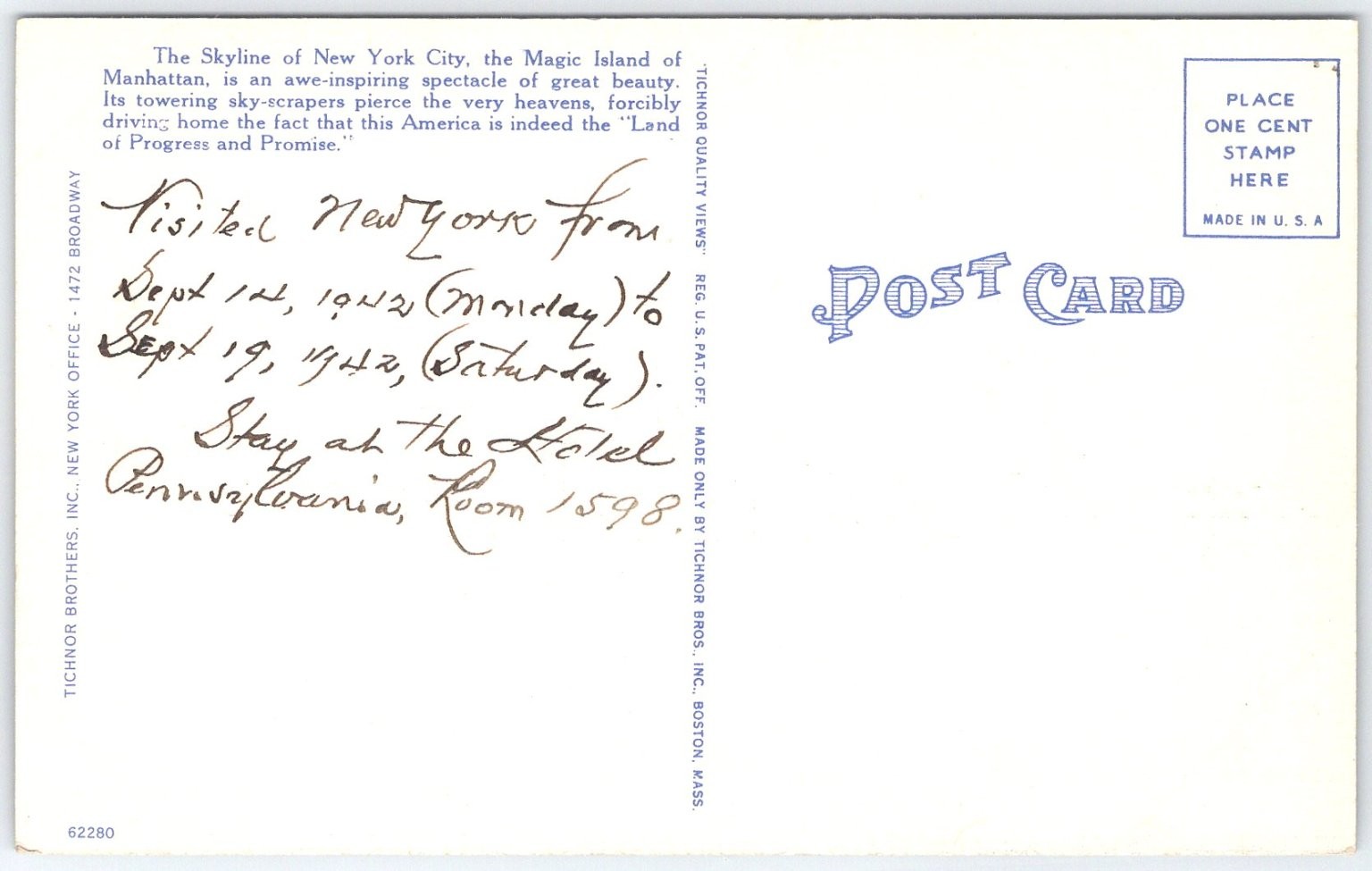 Vintage Tichnor NYC Skyline Linen Postcard by Irving Underhill 1940s