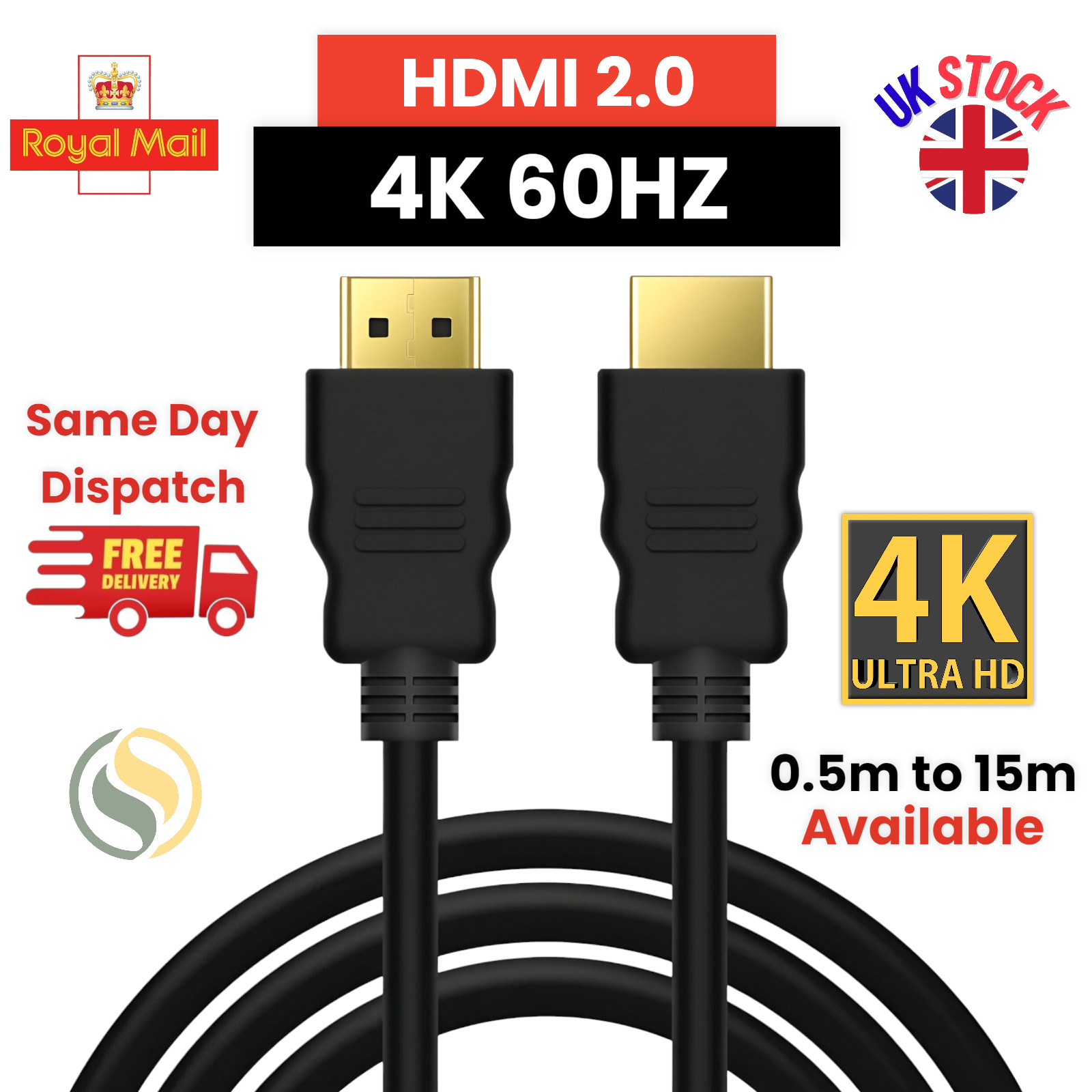 4K HDMI Cable 2.0 UltraHD High Speed 2160p 0.5m/1m/2m/3m/5m/10m/15m Premium Lead