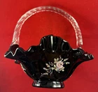 Fenton Black Hand Painted Floral Basket Stamped & Signed Clear Handles