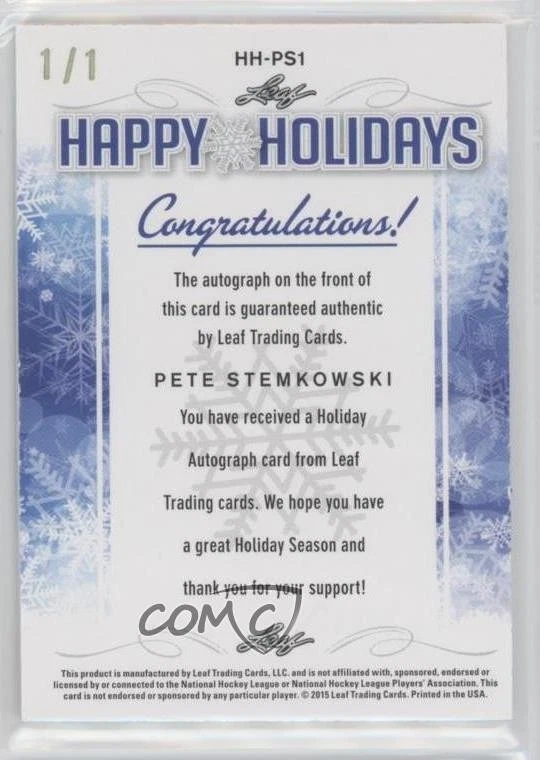 2015 Leaf Happy Holidays Gold Spectrum 1/1 Pete Stemkowski #HH-PS1 Auto 0f3 - Image 2 of 3