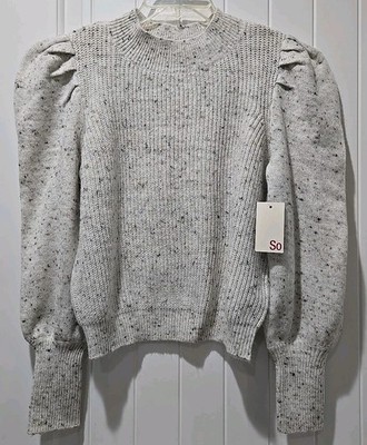 NWT SO Sweater Junior's Mock Turtle Puff Sleeve Heather Grey - Size Large