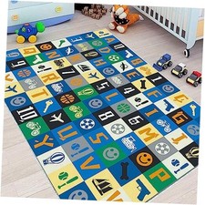 Blue Kids ABC Number Pattern Rug - Playroom Kids Room Nursery Decor Area Rug