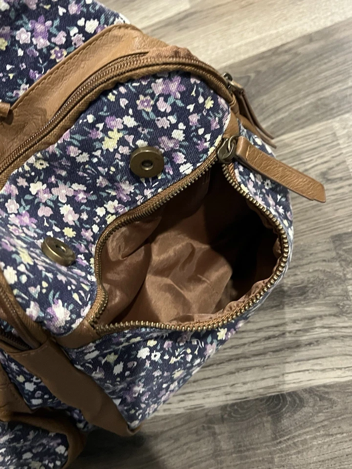 Mochila Bolso Cartera Vintage Y2K MUDD Lona Estampado Floral Boho con Borde de Cuero Foto 4 de 4