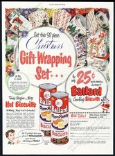 1950 Christmas gift wrap wrapping paper art Ballard Biscuits vintage print ad