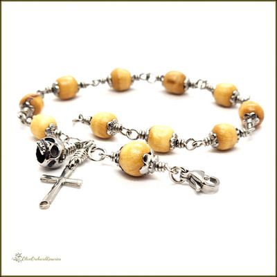 Handmade Memento Mori Holy Land Olive Wood Beads 7'' Rosary Bracelet