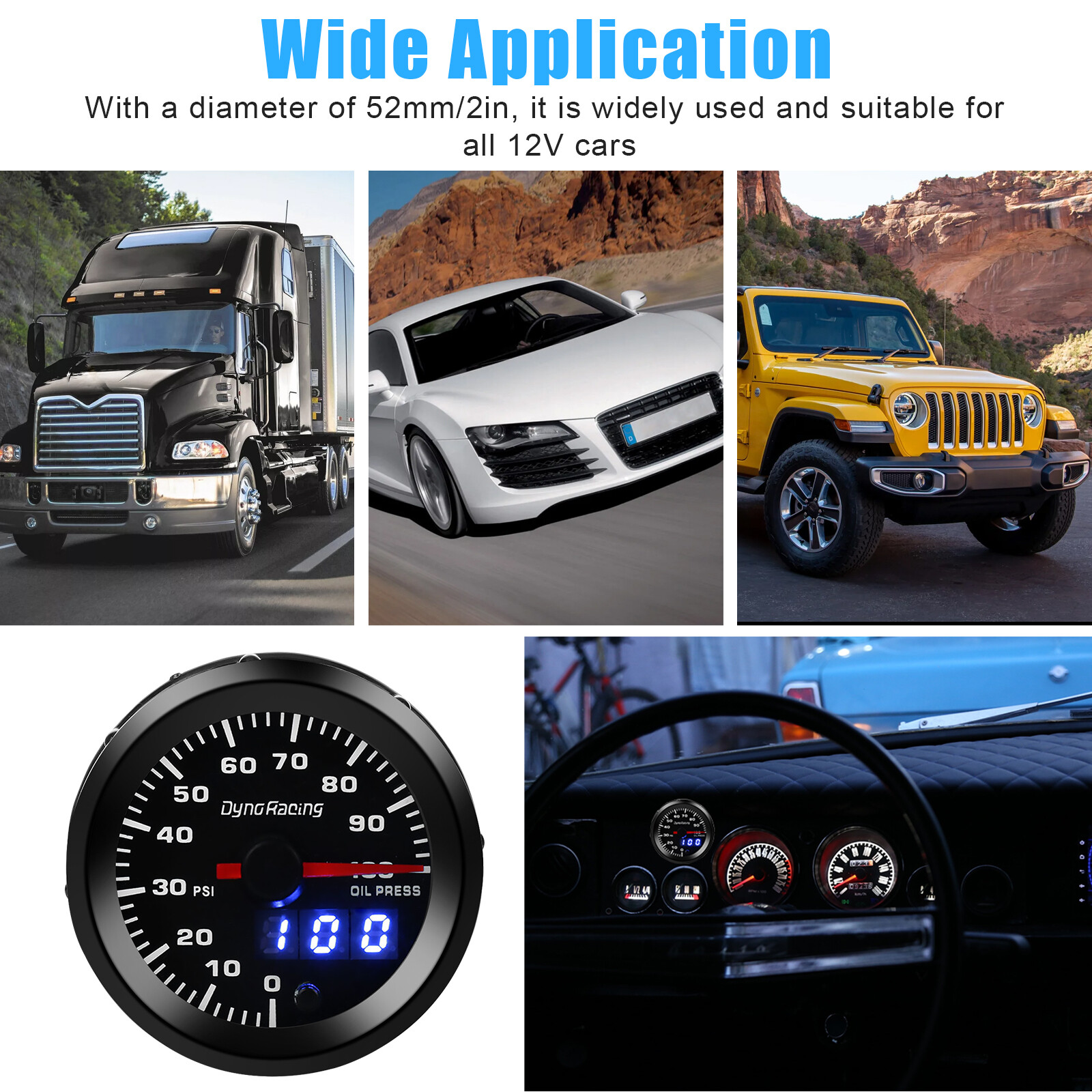 2" 52mm Digital & Pointer 7 Color LED 0100 Psi Oil Pressure Gauge