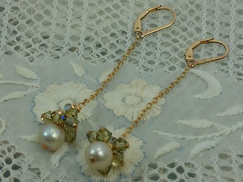 Pendientes De Colección 14/20 Oro 14k Lleno Cadena Cuelga Perla Cristal Racimo Cuentas - Imagen 9 de 10