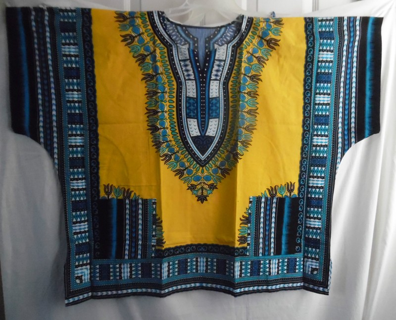 YELLOW BLUE AFRICAN  PRINT DASHIKI MEN'S WOMEN'S SHIRT BLOUSE TOP XL 1X 2X