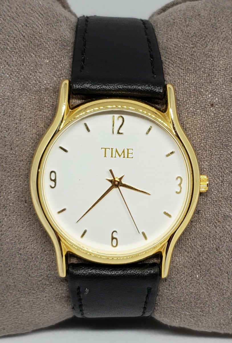 Vintage Mens Time Dressy Gold Tone Black Leather Strap  display picture 2