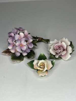 Capodimonte Cesar Porcelain Hydrangea Rose Italy SET 3 Matte French Country
