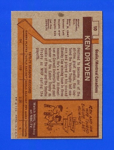 1973-74 Topps HOCKEY #10 KEN DRYDEN AS NRMINT (ST) HOF MONTREAL CANADIENS (PM1) - Picture 2 of 2