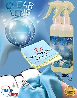 TRADE CHEMICALS Clear Lens Optical Cleaner 2 x 250ml + 2 Microfibre Cloths Cleans Glasses