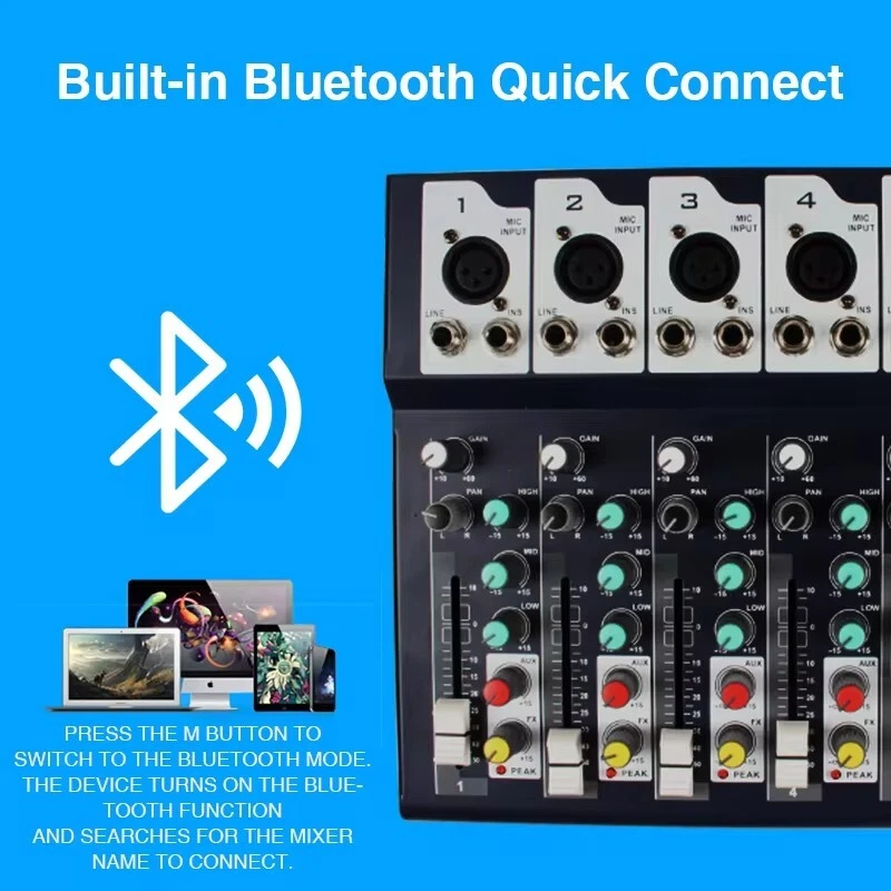 JIY 7 Channel Audio Mixer Bluetooth 48V Sound Console DJ Stereo Record LCD USB - Image 3 of 4