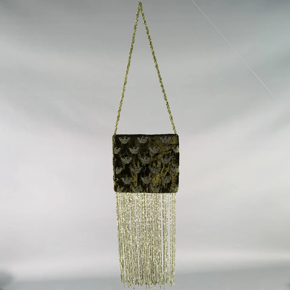 Bolso de Hombro EMPORIO ARMANI Verde Oliva Logo Terciopelo Cuentas Flecos Foto 2 de 4