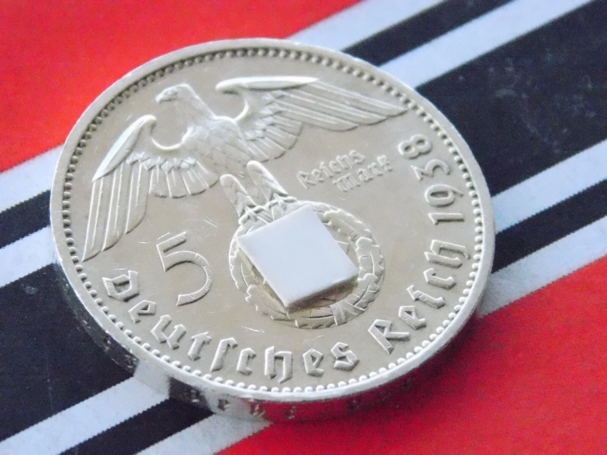 GERMAN 5 REICHSMARK 1938 E SWASTIKA HINDENBURG Silver Coin