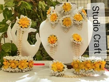 Women fashion flower  earrings tika bracelets necklace haldi mehandi babyshower