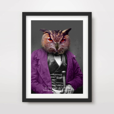 EULE TIER KUNSTDRUCK POSTER auf menschlichem Körper Kopf Portrait lustig schrullig Vogel Scheune