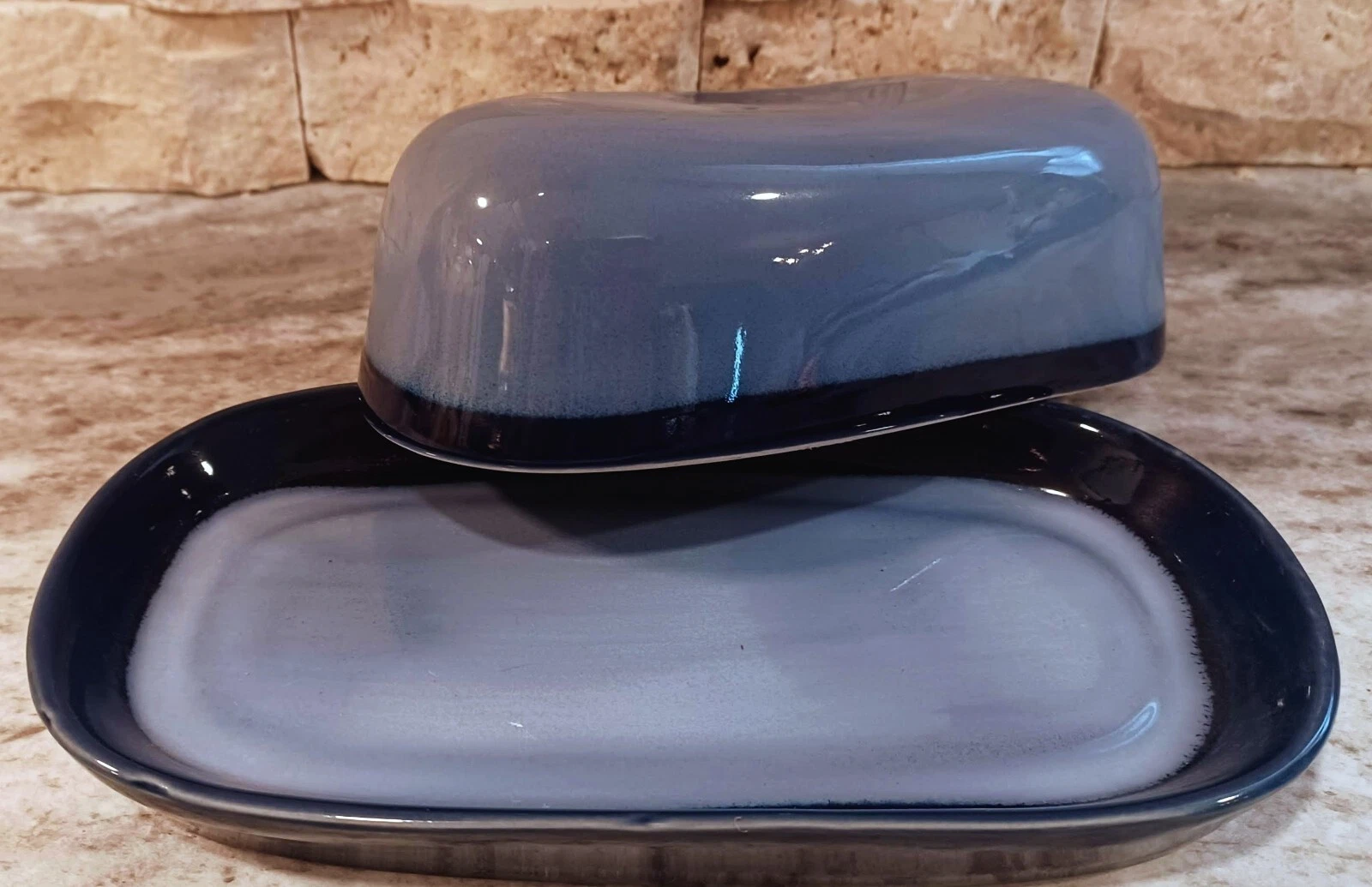 Blue Stoneware Covered Butter Dish